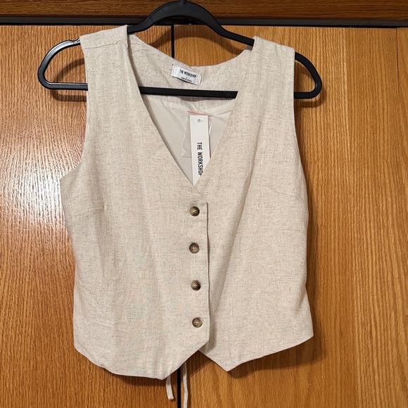 the workshop Tops - Boutique Beige cinched back Buttoned Vest Top